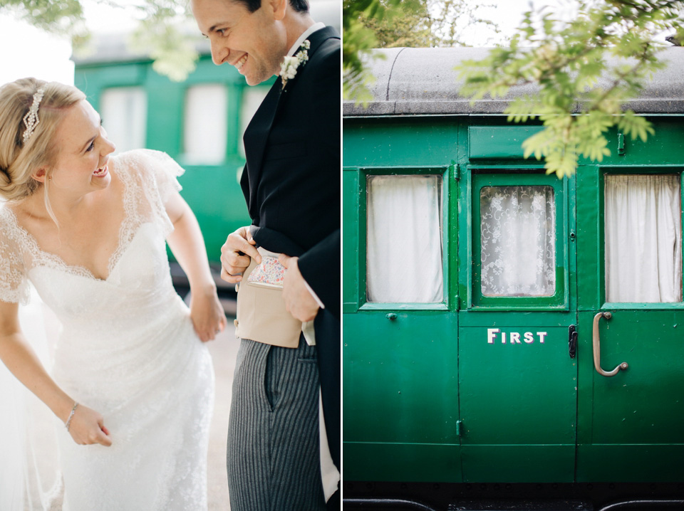 The bride wears Suzanne Neville for her Summer wedding at a vintage railway station. Images by M&J Photography.