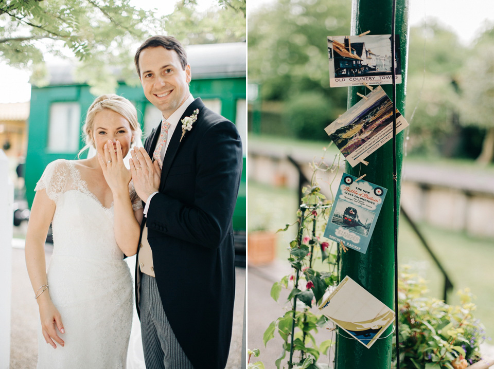 The bride wears Suzanne Neville for her Summer wedding at a vintage railway station. Images by M&J Photography.