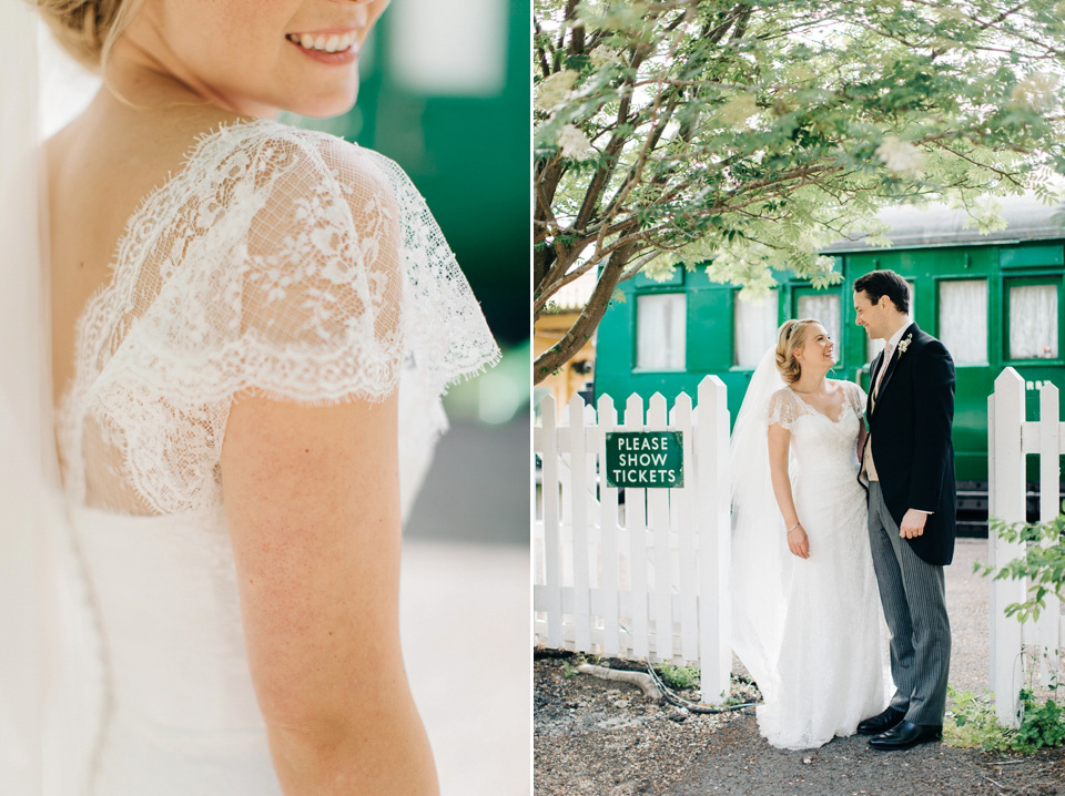 The bride wears Suzanne Neville for her Summer wedding at a vintage railway station. Images by M&J Photography.