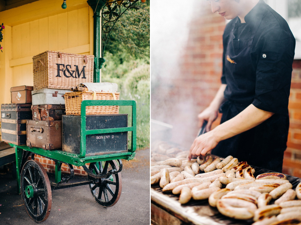 The bride wears Suzanne Neville for her Summer wedding at a vintage railway station. Images by M&J Photography.