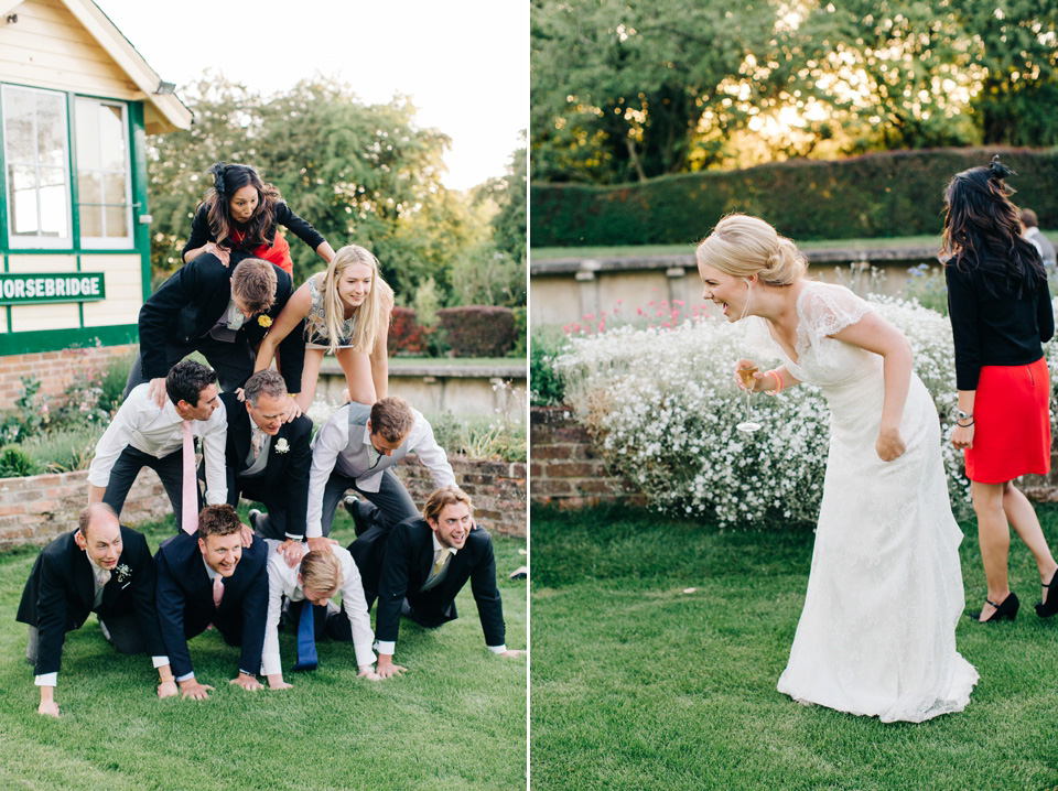 The bride wears Suzanne Neville for her Summer wedding at a vintage railway station. Images by M&J Photography.