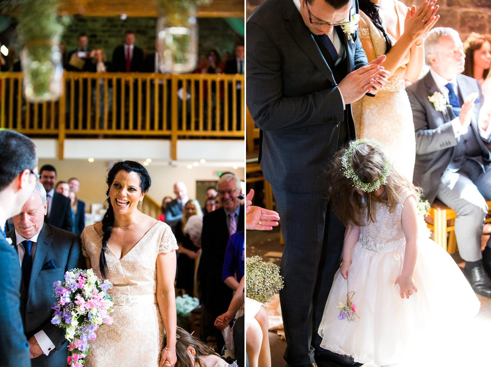 A blush pink wedding dress for a colourful and fun filled English country barn wedding. Photography by Jonny Draper.