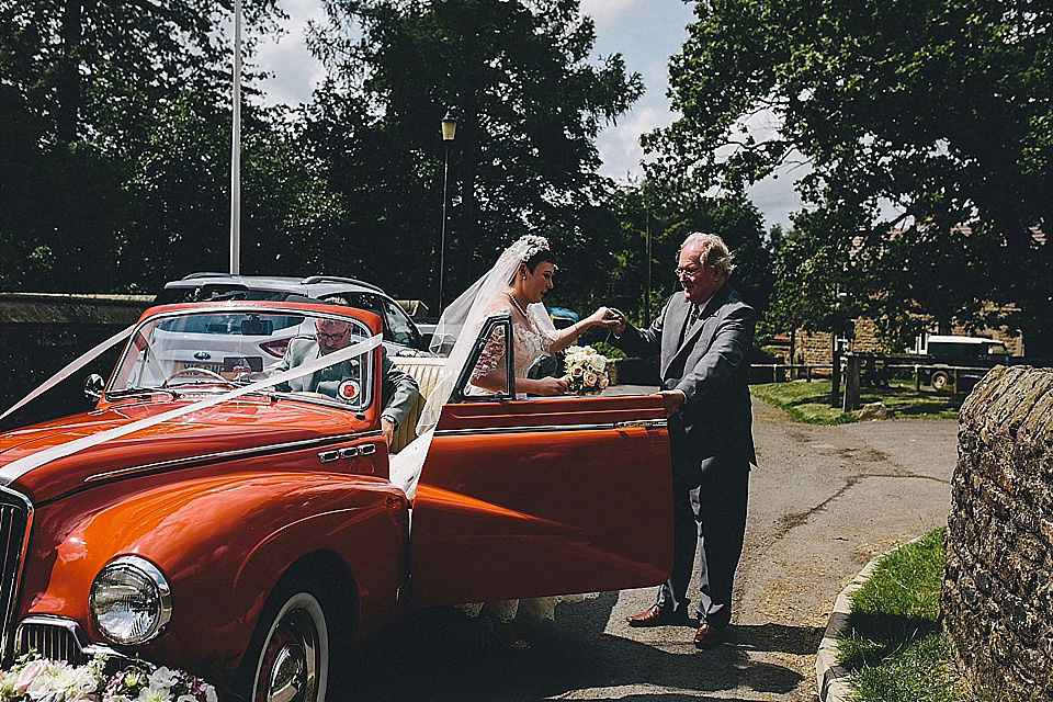 The bride wears 'Sophia' by Ian Stuart for her sweet, local, intimate and vintage inspired village wedding. Photography by The Twins.