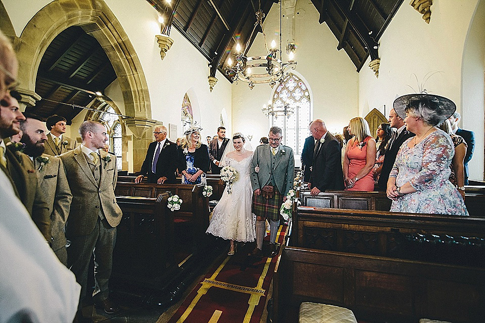 The bride wears 'Sophia' by Ian Stuart for her sweet, local, intimate and vintage inspired village wedding. Photography by The Twins.