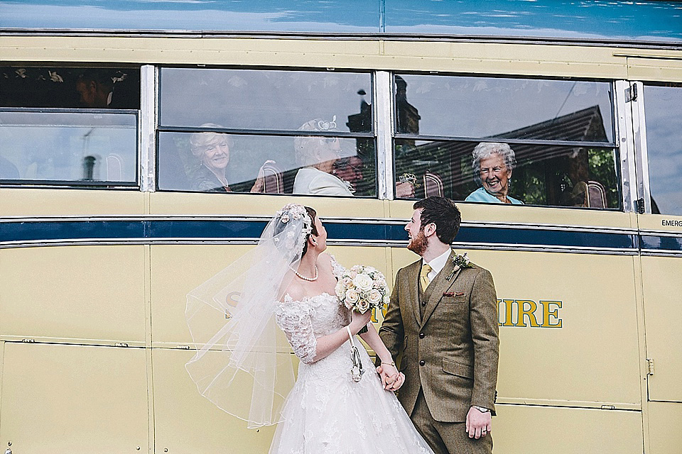 The bride wears 'Sophia' by Ian Stuart for her sweet, local, intimate and vintage inspired village wedding. Photography by The Twins.