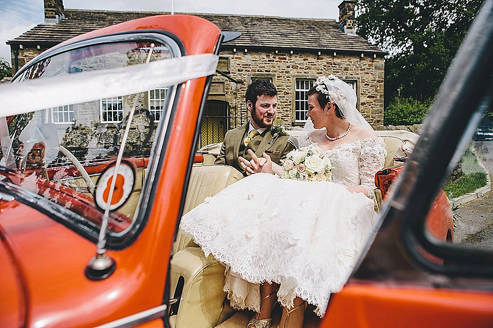 The bride wears 'Sophia' by Ian Stuart for her sweet, local, intimate and vintage inspired village wedding. Photography by The Twins.