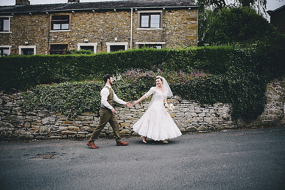 The bride wears 'Sophia' by Ian Stuart for her sweet, local, intimate and vintage inspired village wedding. Photography by The Twins.