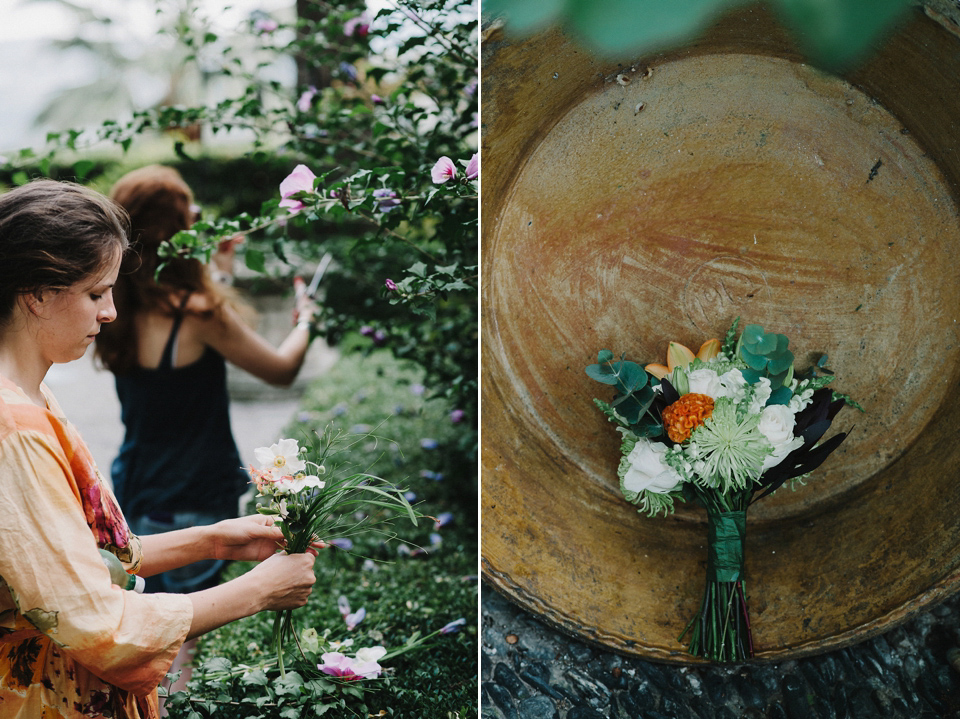 A sophisticated asymmetric dress and sweet first look for a colourful outdoor wedding in Spain. Photography by This Modern Love.