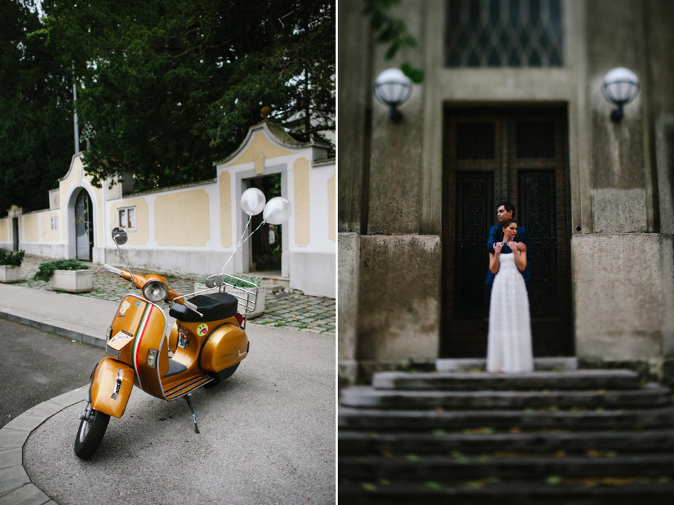 An elegant wedding in Croatia with a bride wearing a dress covered in silk petals and a pug dog in a red bow tie. Photography by Marko Marinkovic.