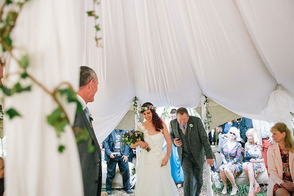 A Wildflower Crown for a Midsummer Dream inspired Humanist Wedding in a Bluebell Wood. Photography by Georgina Harrison.