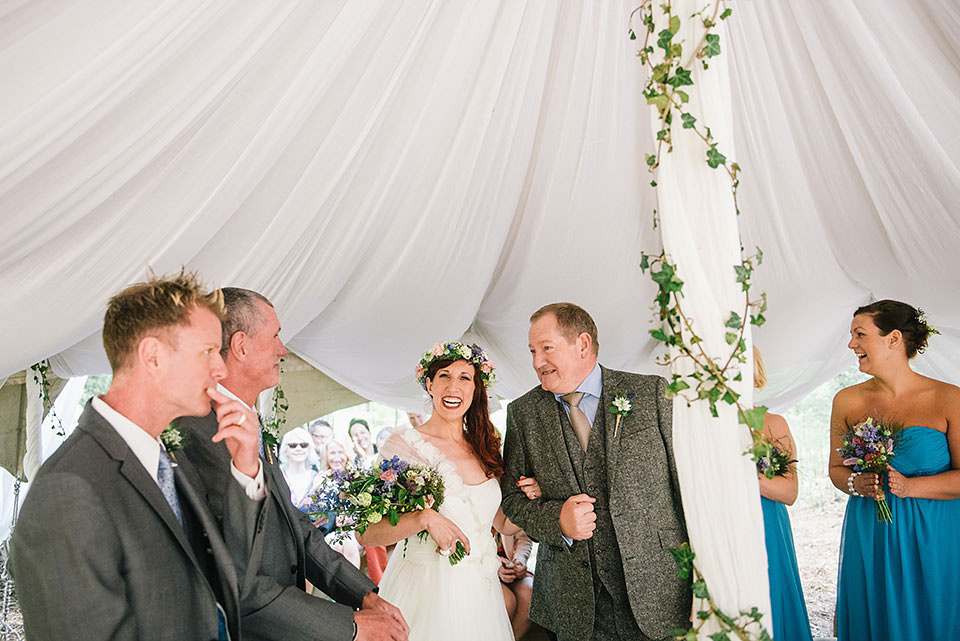 A Wildflower Crown for a Midsummer Dream inspired Humanist Wedding in a Bluebell Wood. Photography by Georgina Harrison.