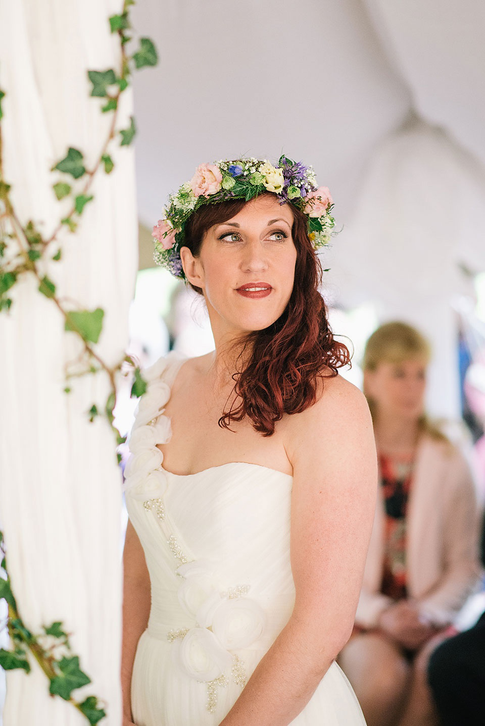 A Wildflower Crown for a Midsummer Dream inspired Humanist Wedding in a Bluebell Wood. Photography by Georgina Harrison.