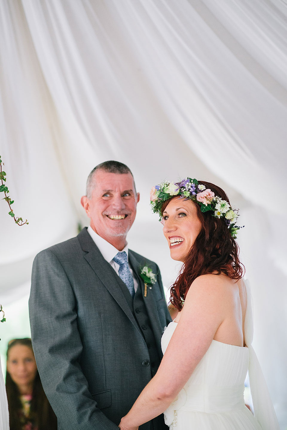 A Wildflower Crown for a Midsummer Dream inspired Humanist Wedding in a Bluebell Wood. Photography by Georgina Harrison.