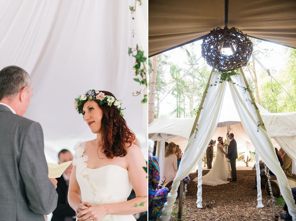 A Wildflower Crown for a Midsummer Dream inspired Humanist Wedding in a Bluebell Wood. Photography by Georgina Harrison.