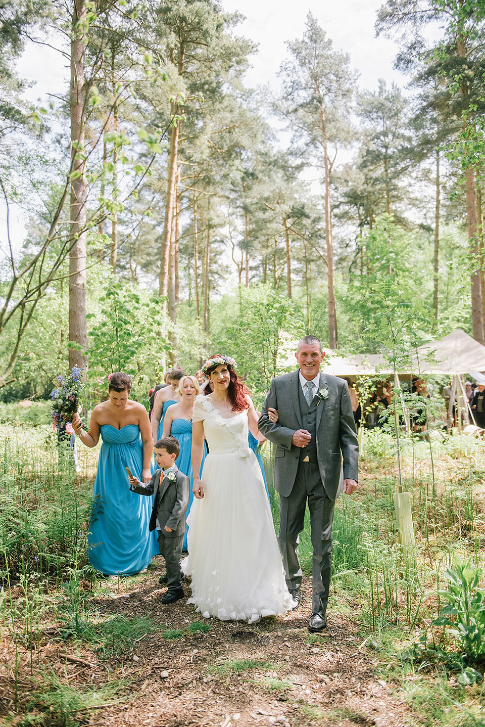 A Wildflower Crown for a Midsummer Dream inspired Humanist Wedding in a Bluebell Wood. Photography by Georgina Harrison.