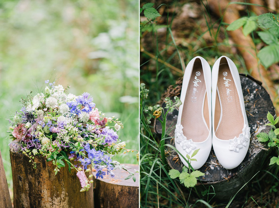 A Wildflower Crown for a Midsummer Dream inspired Humanist Wedding in a Bluebell Wood. Photography by Georgina Harrison.