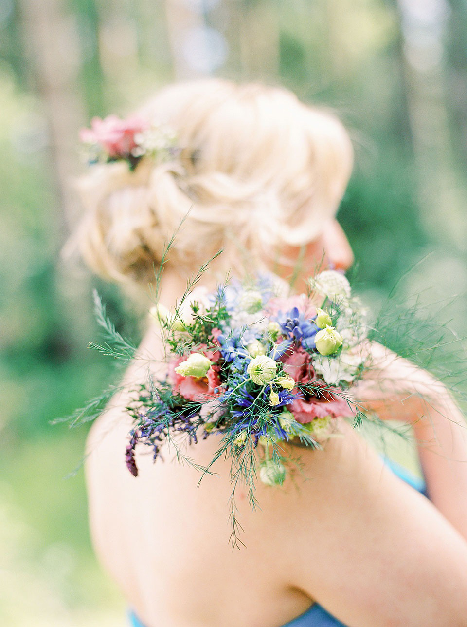 A Wildflower Crown for a Midsummer Dream inspired Humanist Wedding in a Bluebell Wood. Photography by Georgina Harrison.