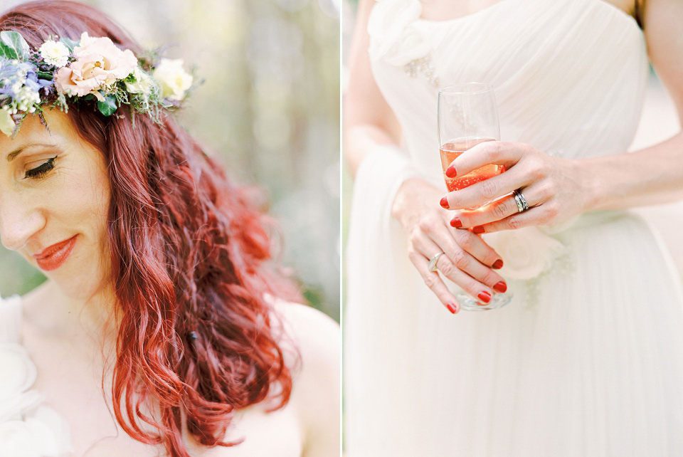 A Wildflower Crown for a Midsummer Dream inspired Humanist Wedding in a Bluebell Wood. Photography by Georgina Harrison.