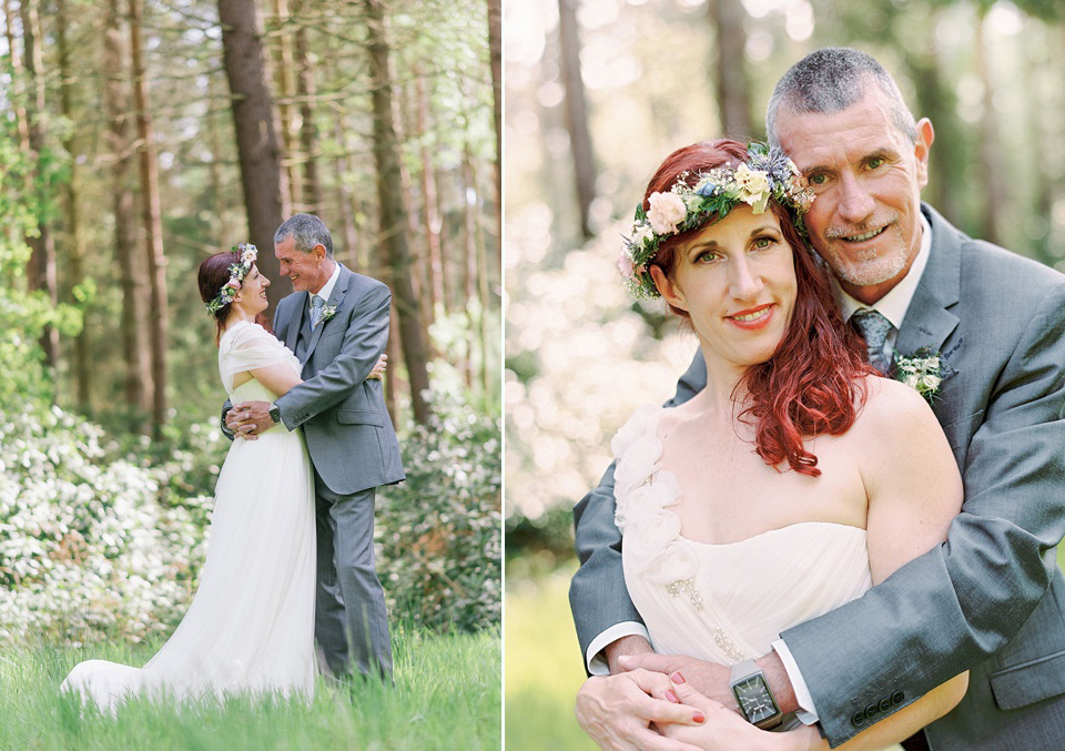 A Wildflower Crown for a Midsummer Dream inspired Humanist Wedding in a Bluebell Wood. Photography by Georgina Harrison.