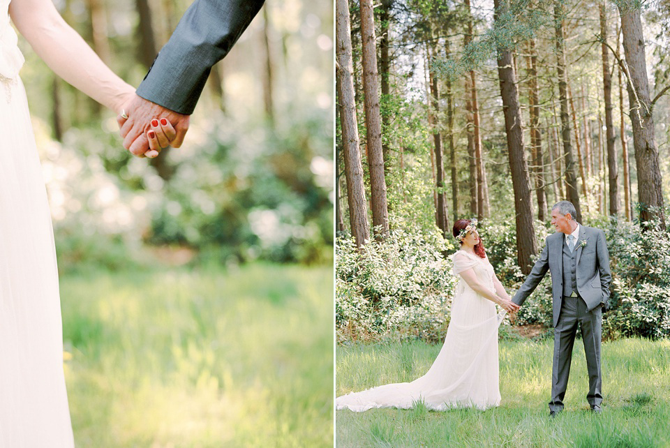 A Wildflower Crown for a Midsummer Dream inspired Humanist Wedding in a Bluebell Wood. Photography by Georgina Harrison.