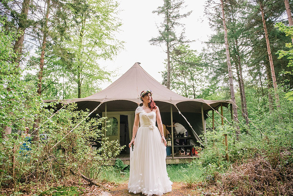 A Wildflower Crown for a Midsummer Dream inspired Humanist Wedding in a Bluebell Wood. Photography by Georgina Harrison.