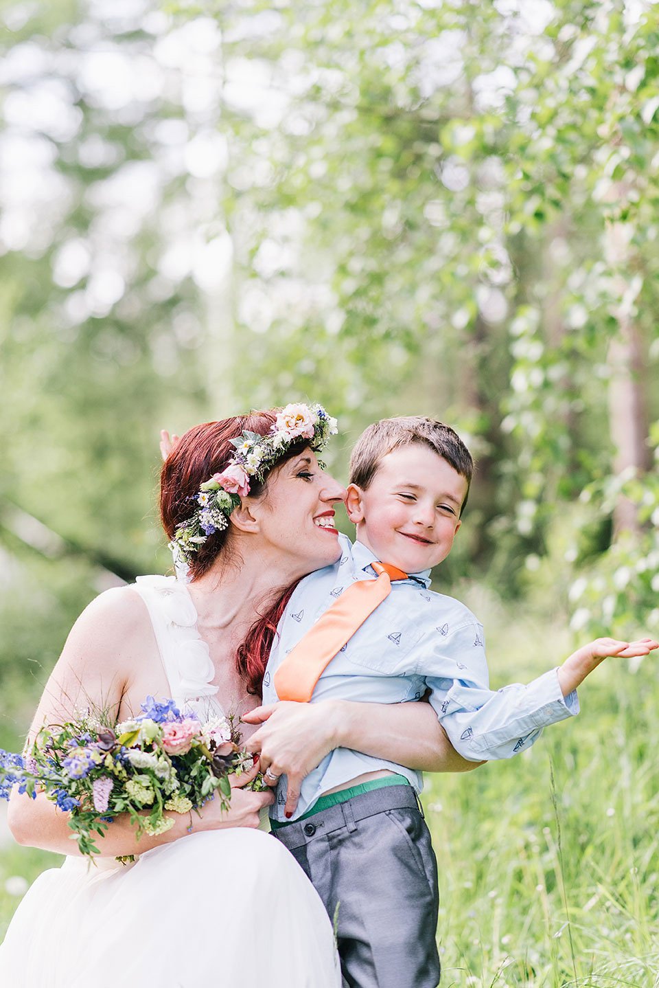 A Wildflower Crown for a Midsummer Dream inspired Humanist Wedding in a Bluebell Wood. Photography by Georgina Harrison.