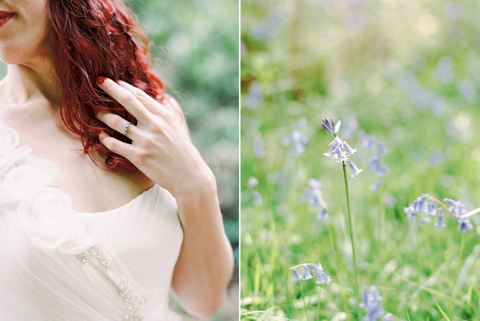 A Wildflower Crown for a Midsummer Dream inspired Humanist Wedding in a Bluebell Wood. Photography by Georgina Harrison.