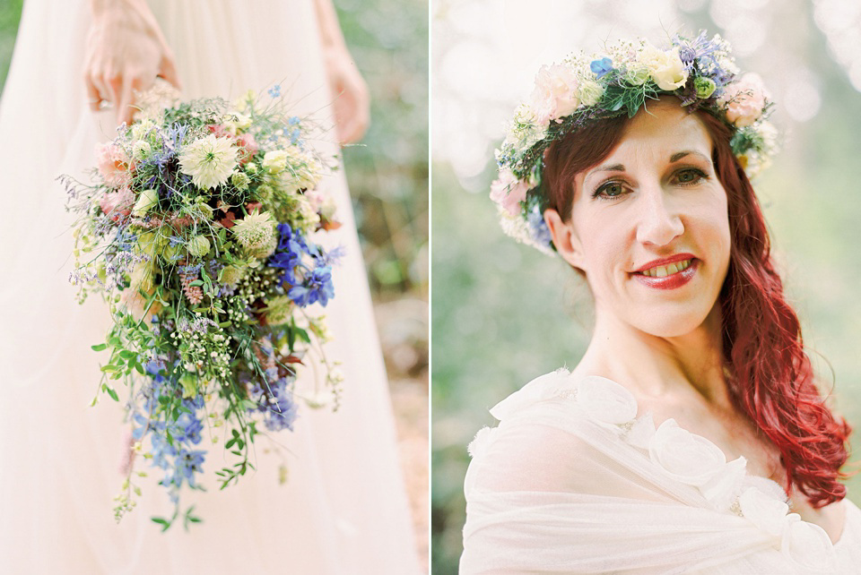 A Wildflower Crown for a Midsummer Dream inspired Humanist Wedding in a Bluebell Wood. Photography by Georgina Harrison.