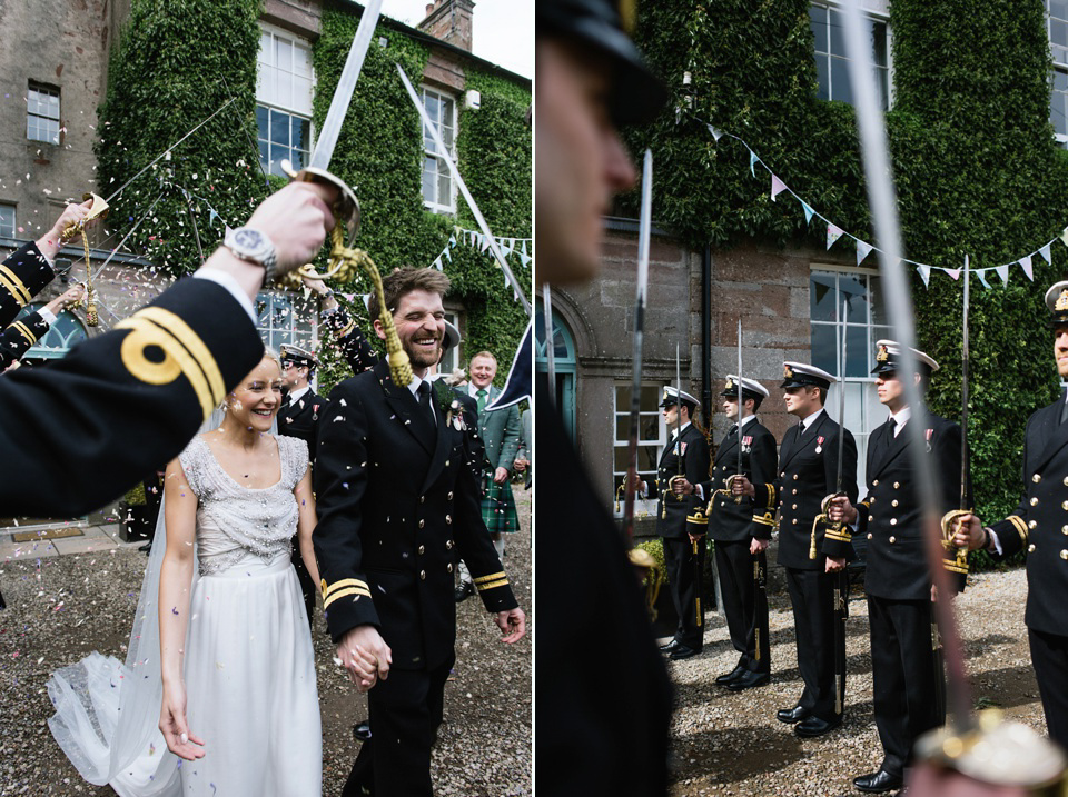 An Anna Campbell Gown, Kilts and Military Regalia for a Humanist Scottish Castle Wedding. Photography by Nikki Leadbetter.