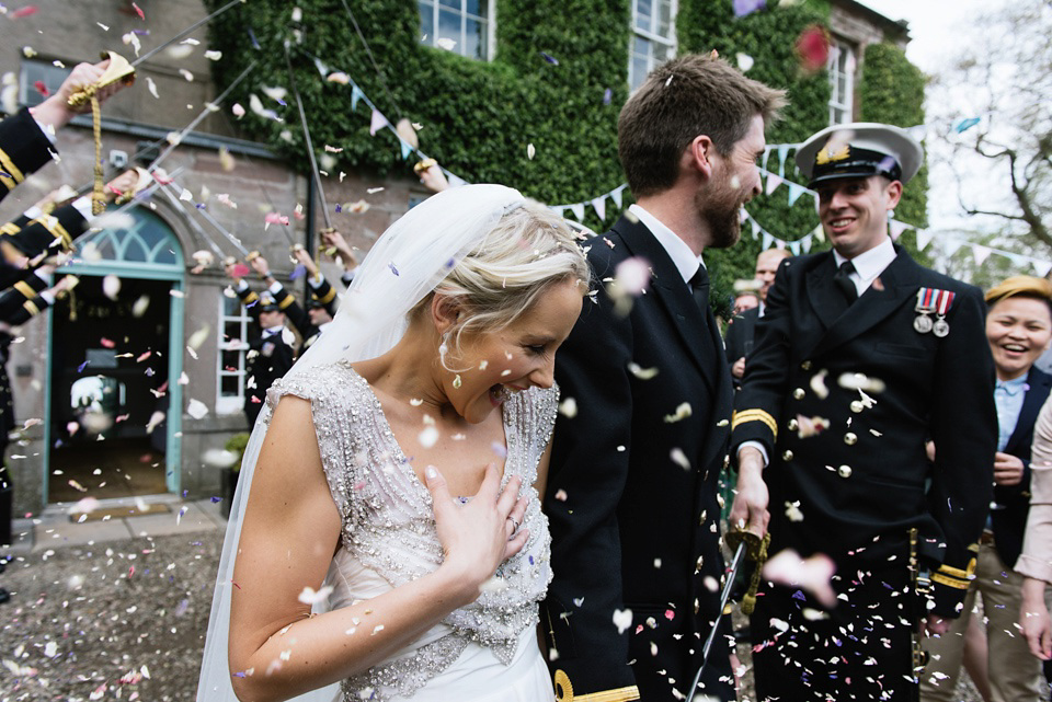 An Anna Campbell Gown, Kilts and Military Regalia for a Humanist Scottish Castle Wedding. Photography by Nikki Leadbetter.