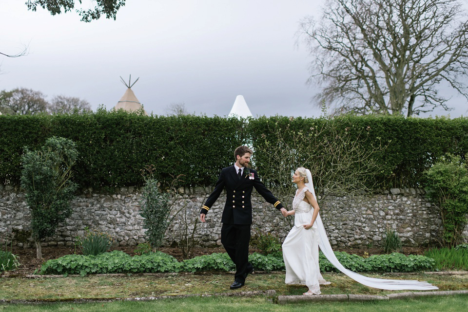 An Anna Campbell Gown, Kilts and Military Regalia for a Humanist Scottish Castle Wedding. Photography by Nikki Leadbetter.