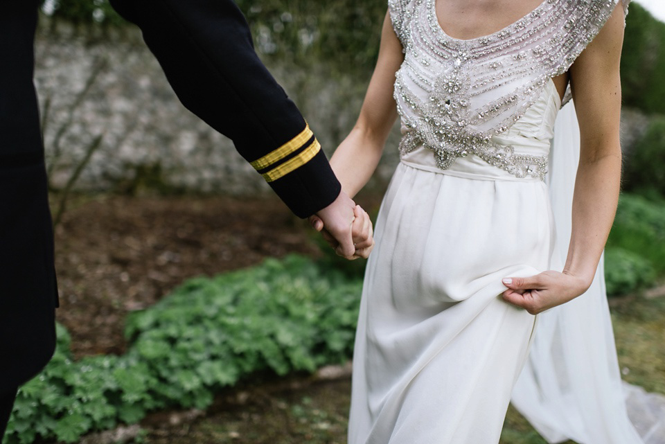 An Anna Campbell Gown, Kilts and Military Regalia for a Humanist Scottish Castle Wedding. Photography by Nikki Leadbetter.