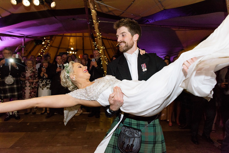 An Anna Campbell Gown, Kilts and Military Regalia for a Humanist Scottish Castle Wedding. Photography by Nikki Leadbetter.