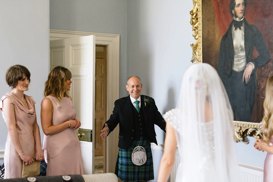 An Anna Campbell Gown, Kilts and Military Regalia for a Humanist Scottish Castle Wedding. Photography by Nikki Leadbetter.