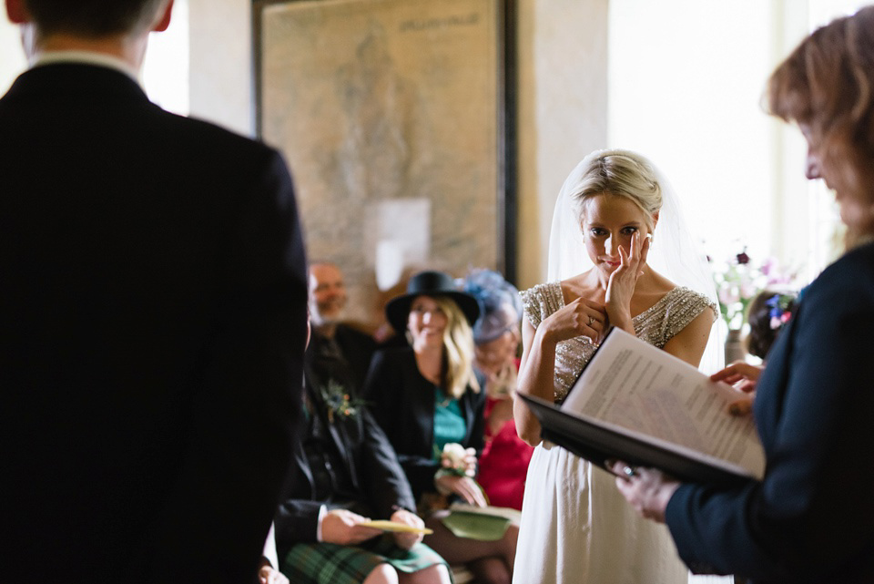 An Anna Campbell Gown, Kilts and Military Regalia for a Humanist Scottish Castle Wedding. Photography by Nikki Leadbetter.