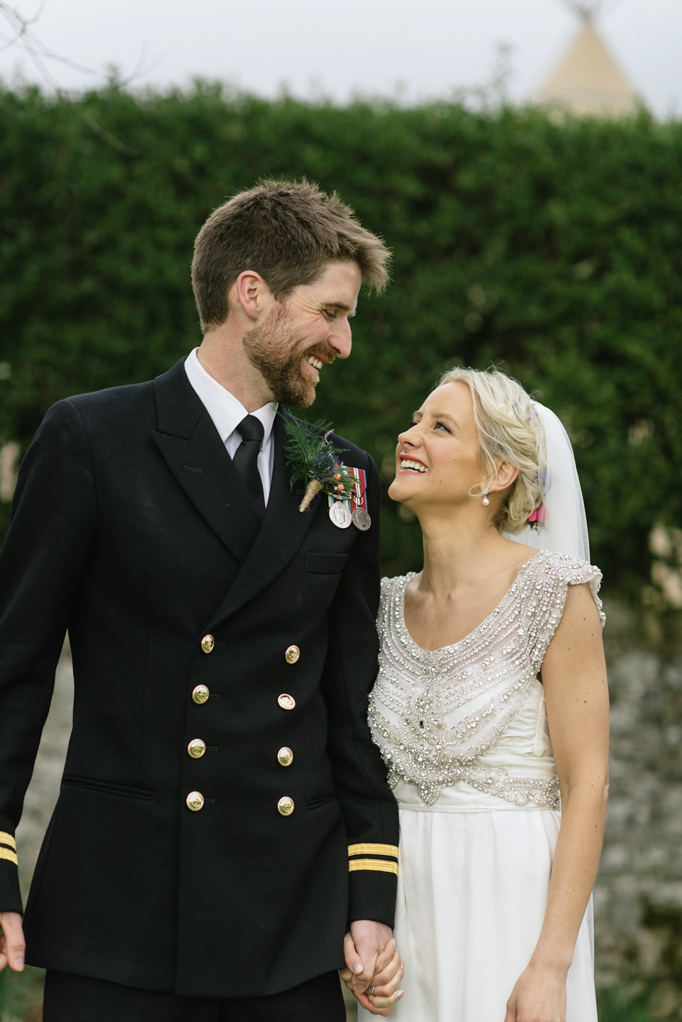 An Anna Campbell Gown, Kilts and Military Regalia for a Humanist Scottish Castle Wedding. Photography by Nikki Leadbetter.