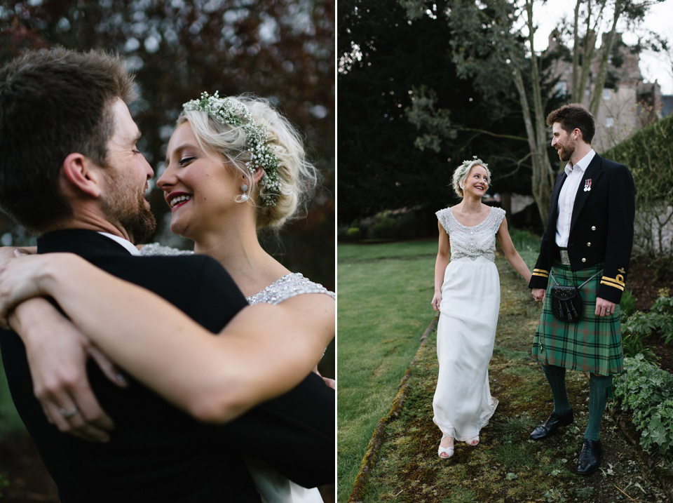 An Anna Campbell Gown, Kilts and Military Regalia for a Humanist Scottish Castle Wedding. Photography by Nikki Leadbetter.