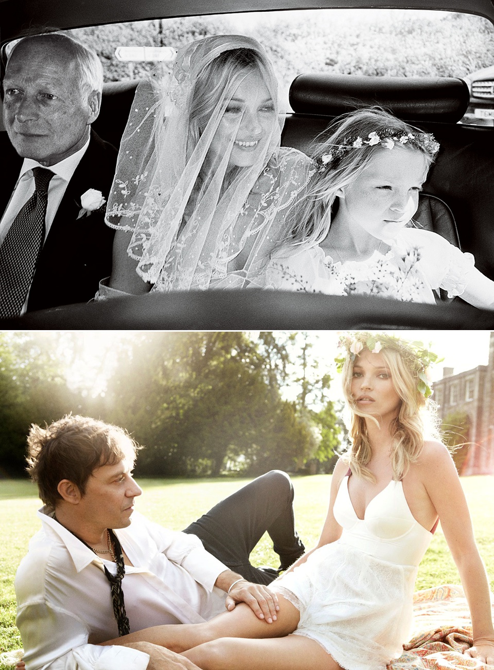 Kate Moss on the way to her wedding with her Father and daughter Lila, and Kate and her husband Jamie on their wedding day.
