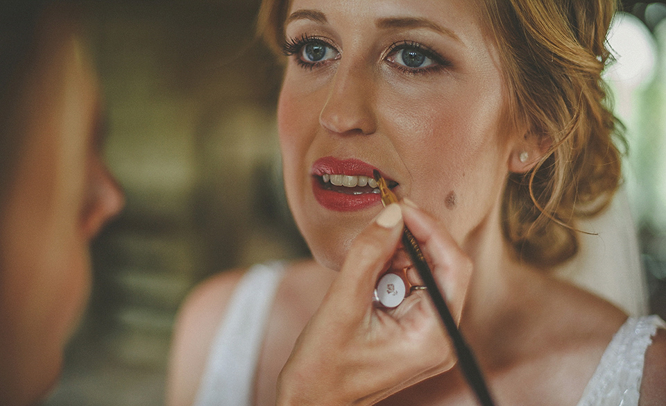 The bride wears an elegant Stephanie Allin gown for her wedding at Childerley in Cambridge. Photography by Howell Jones.