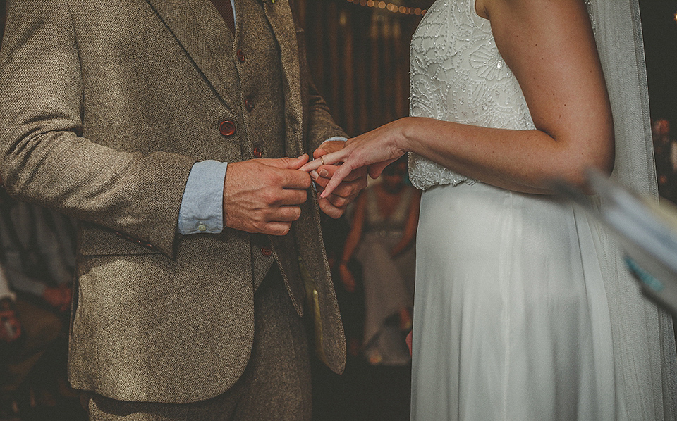 The bride wears an elegant Stephanie Allin gown for her wedding at Childerley in Cambridge. Photography by Howell Jones.