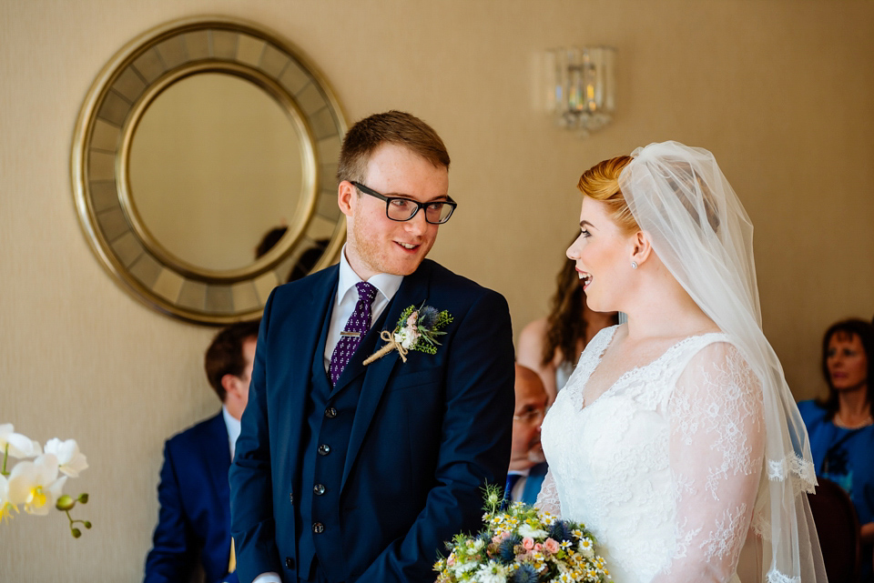 The bride wears Ellis Bridals for her colourful and quirky city wedding. Photography by Daffodil Waves.