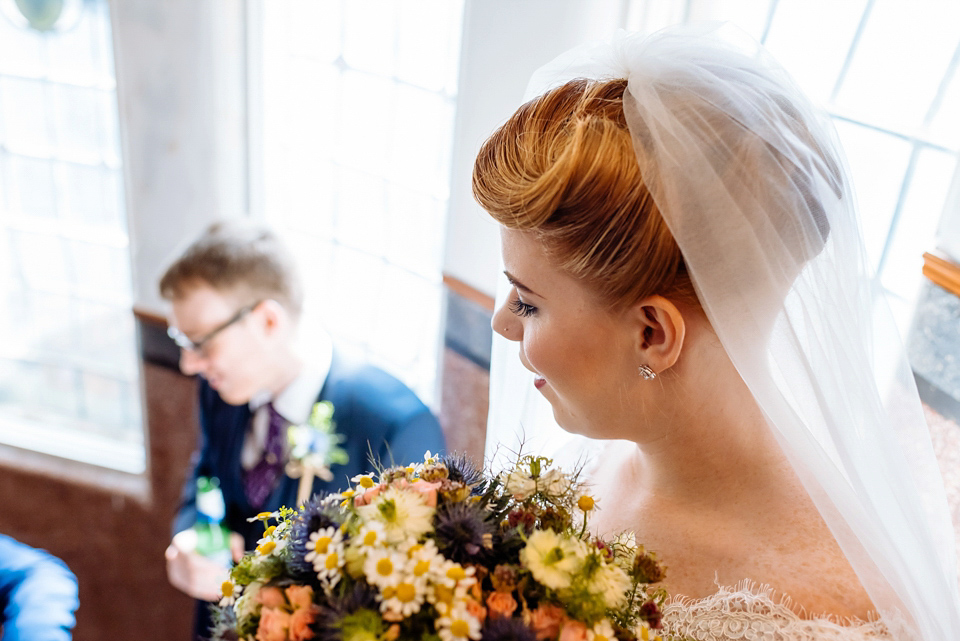 The bride wears Ellis Bridals for her colourful and quirky city wedding. Photography by Daffodil Waves.