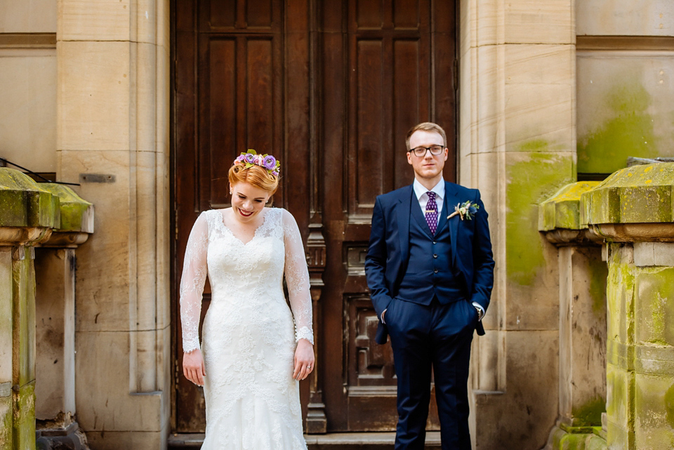 The bride wears Ellis Bridals for her colourful and quirky city wedding. Photography by Daffodil Waves.