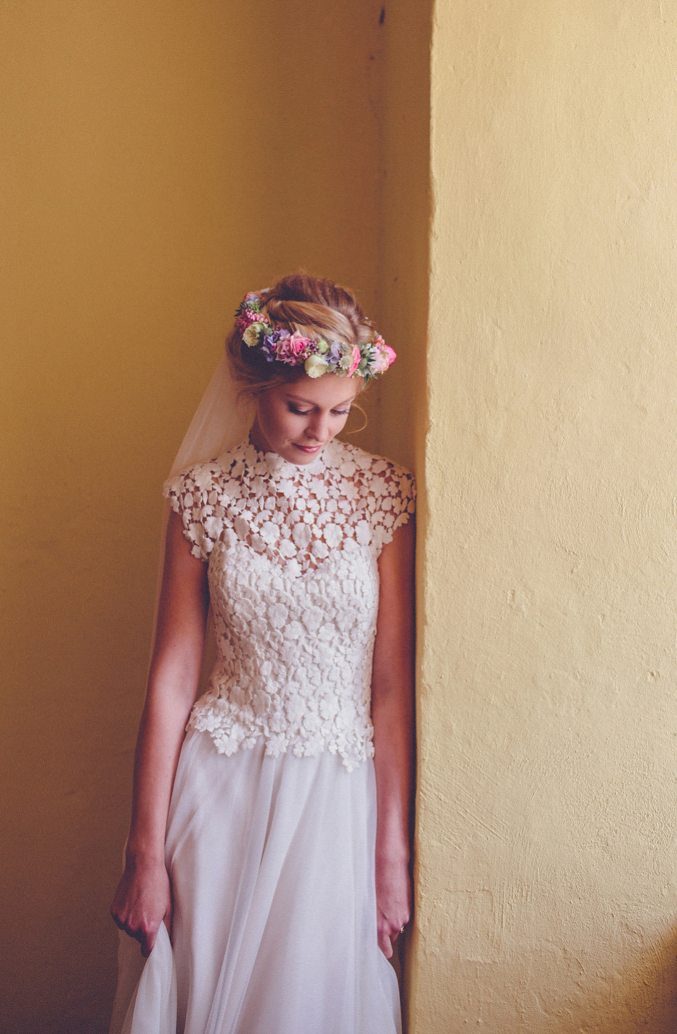 Effortless Elegance - A Raimon Bundó Bride and Colourful Floral Crown. Photography by Chris Spira.