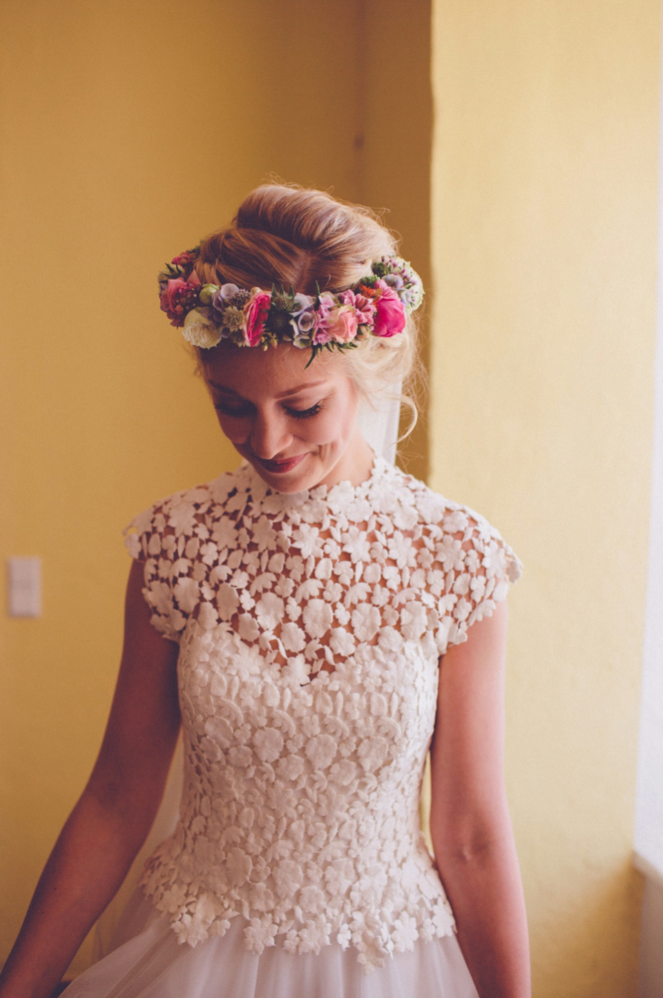 Effortless Elegance - A Raimon Bundó Bride and Colourful Floral Crown. Photography by Chris Spira.