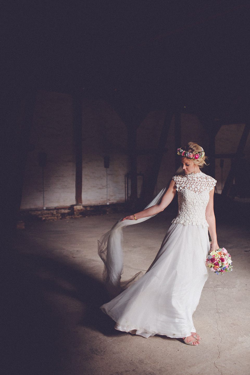 Effortless Elegance - A Raimon Bundó Bride and Colourful Floral Crown. Photography by Chris Spira.