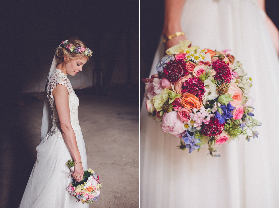 Effortless Elegance - A Raimon Bundó Bride and Colourful Floral Crown. Photography by Chris Spira.