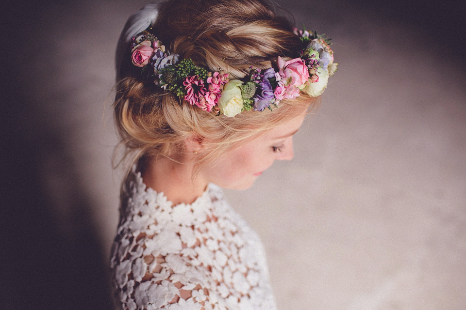 Effortless Elegance - A Raimon Bundó Bride and Colourful Floral Crown. Photography by Chris Spira.
