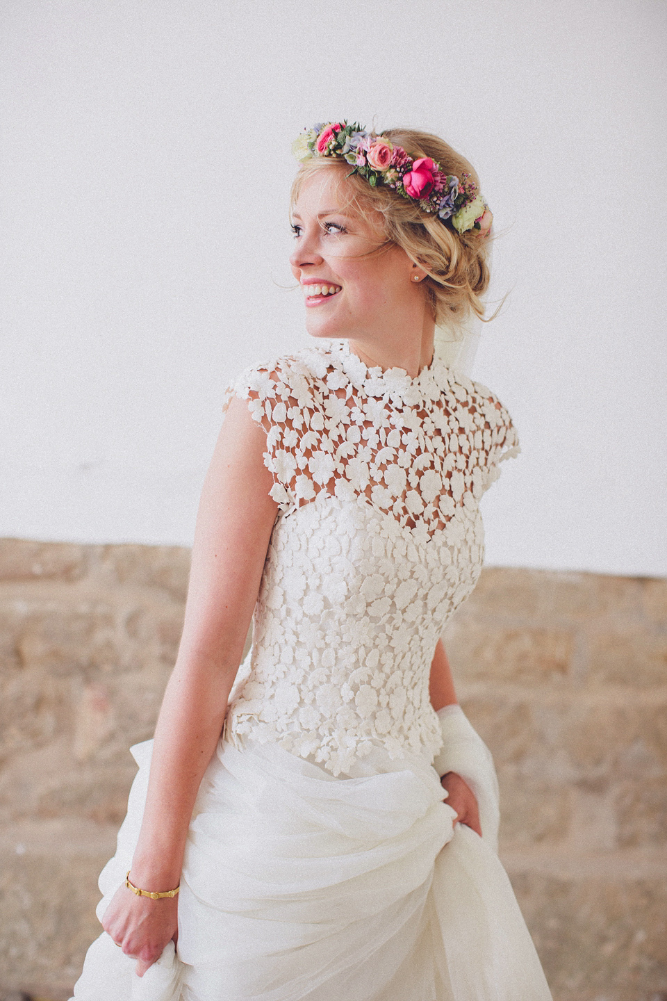 Effortless Elegance - A Raimon Bundó Bride and Colourful Floral Crown. Photography by Chris Spira.