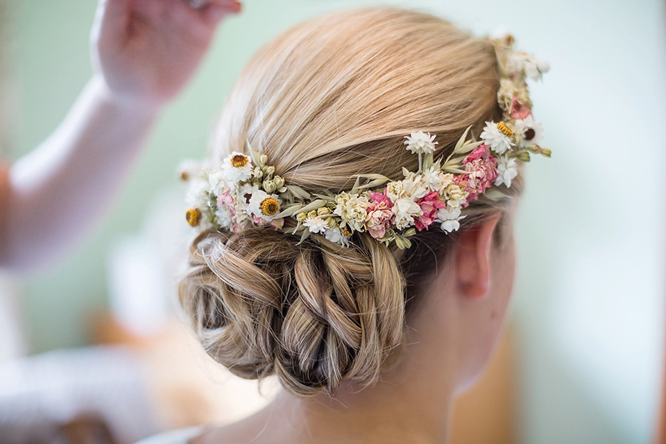 A Rustic Barn Wedding With a Bride in Catherine Deane and a Dried Flower Crown. Photography by Jo Hastings.